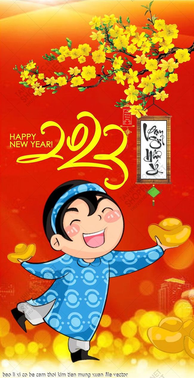 bao li xi co be cam thoi kim tien mung xuan file vector